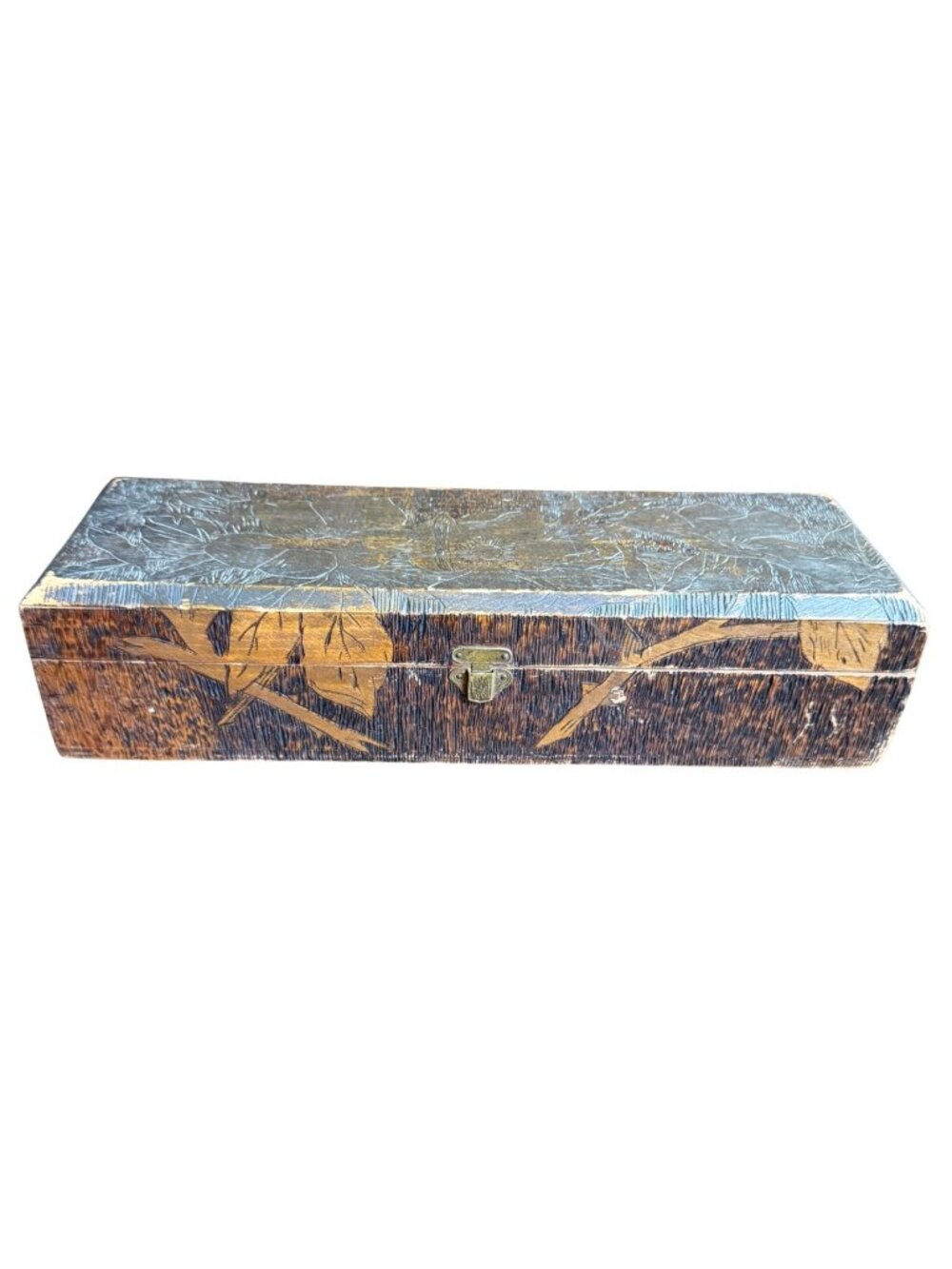 Antique Pyrography Wood-burned Folk Art Glove Trinket Box
